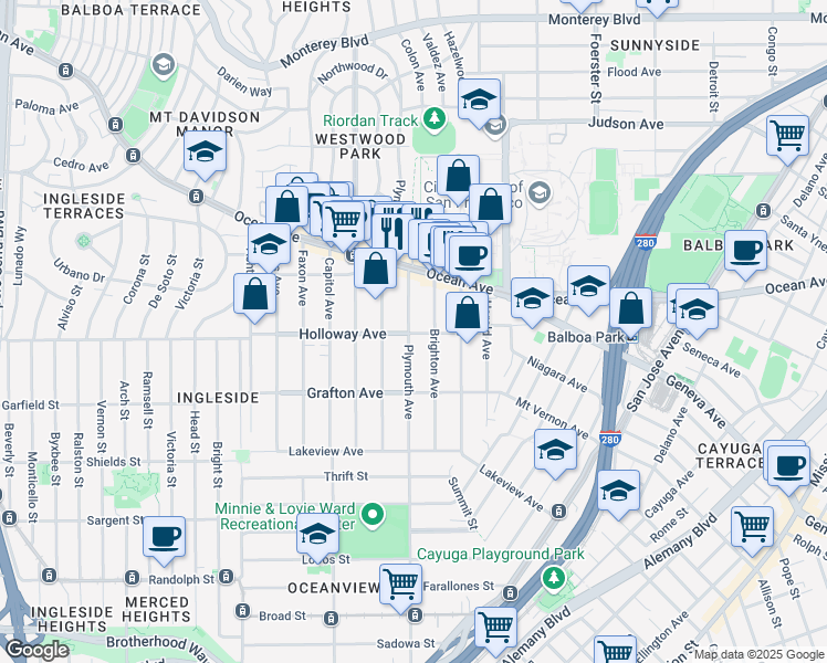map of restaurants, bars, coffee shops, grocery stores, and more near 250 Holloway Avenue in San Francisco
