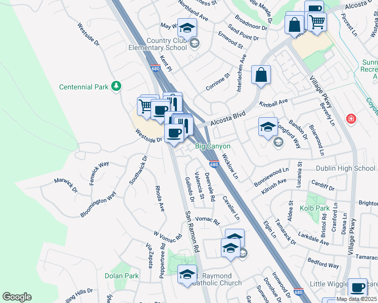 map of restaurants, bars, coffee shops, grocery stores, and more near 8883 Bellina Commons in Dublin