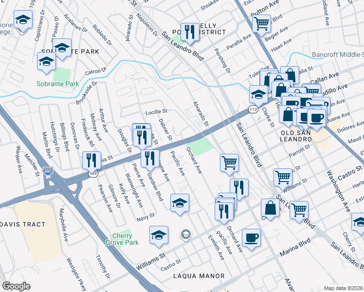 map of restaurants, bars, coffee shops, grocery stores, and more near 1001 California 112 in San Leandro