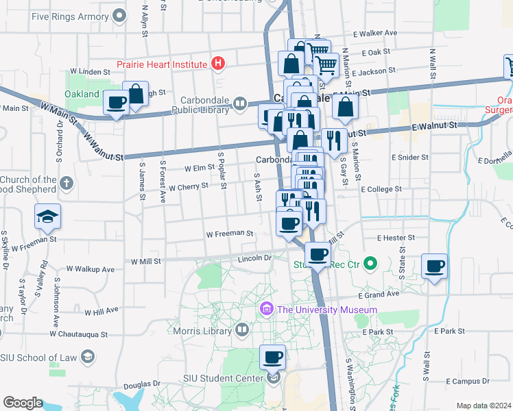 map of restaurants, bars, coffee shops, grocery stores, and more near 514 South Ash Street in Carbondale