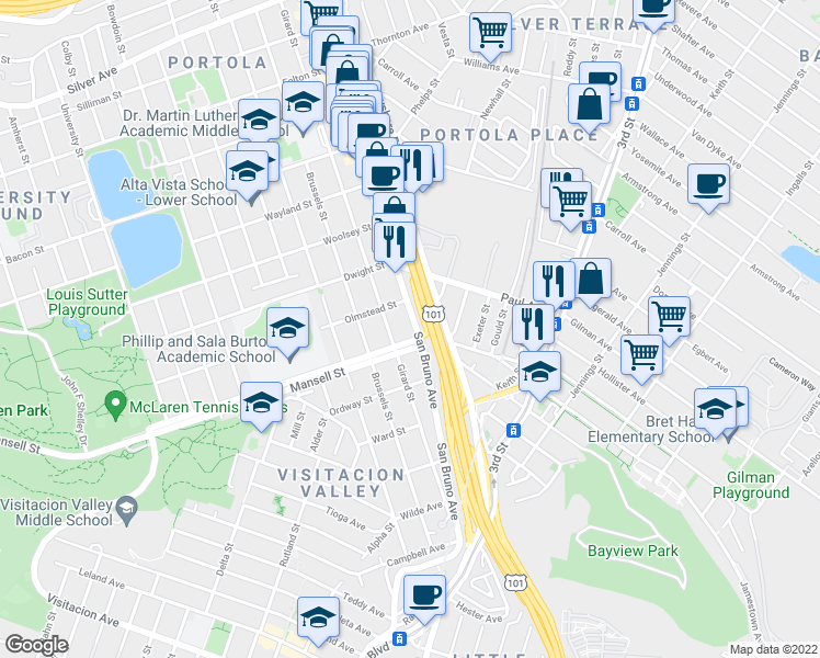 map of restaurants, bars, coffee shops, grocery stores, and more near 3166 San Bruno Avenue in San Francisco