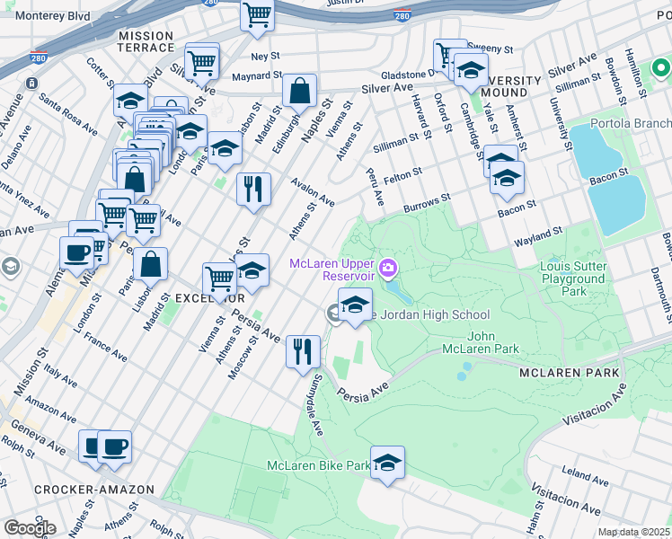 map of restaurants, bars, coffee shops, grocery stores, and more near 16 Prague Street in San Francisco