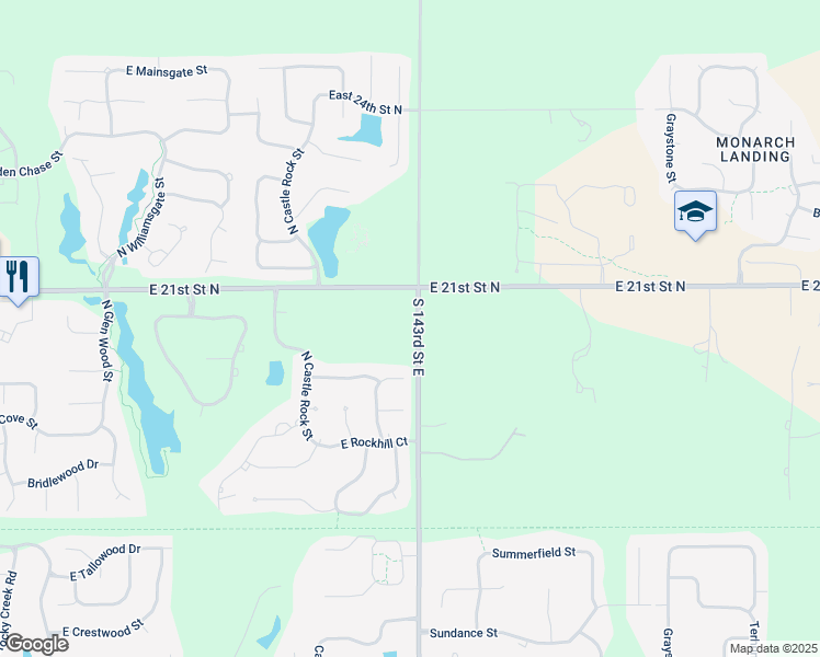 map of restaurants, bars, coffee shops, grocery stores, and more near 2121 North 143rd Street East in Wichita