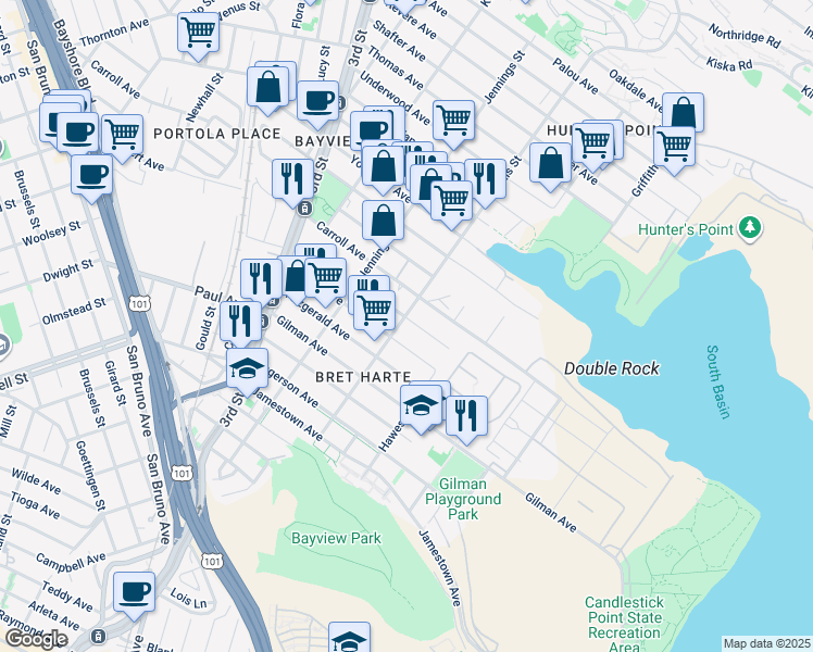 map of restaurants, bars, coffee shops, grocery stores, and more near 1350 Donner Avenue in San Francisco
