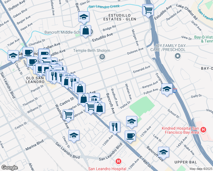 map of restaurants, bars, coffee shops, grocery stores, and more near in San Leandro