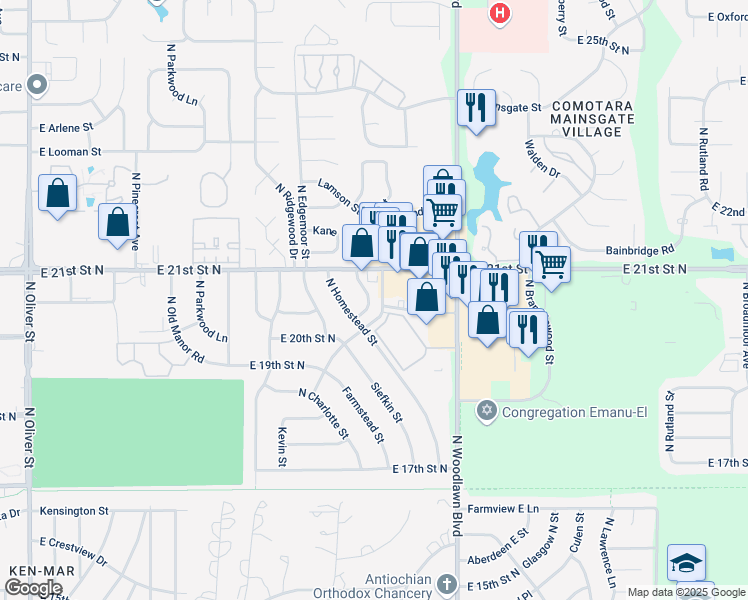 map of restaurants, bars, coffee shops, grocery stores, and more near 2120 North Farmstead Street in Wichita