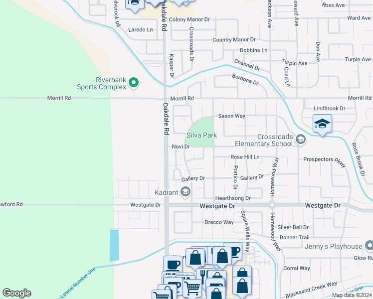 map of restaurants, bars, coffee shops, grocery stores, and more near 2300 Novi Drive in Riverbank