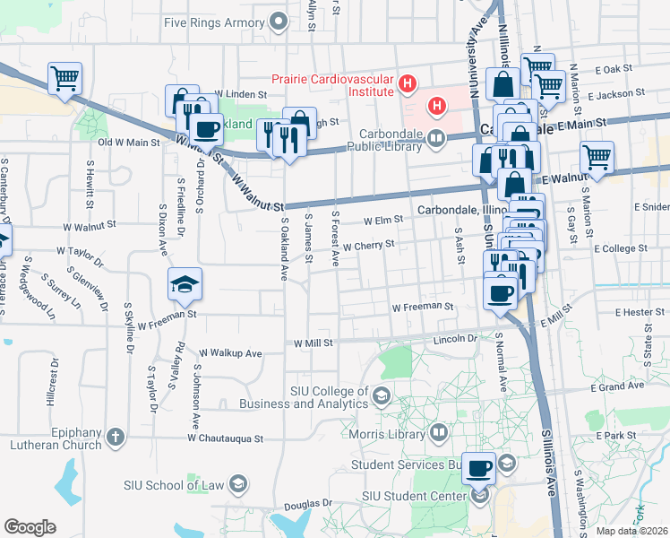 map of restaurants, bars, coffee shops, grocery stores, and more near West Schwartz Street in Carbondale