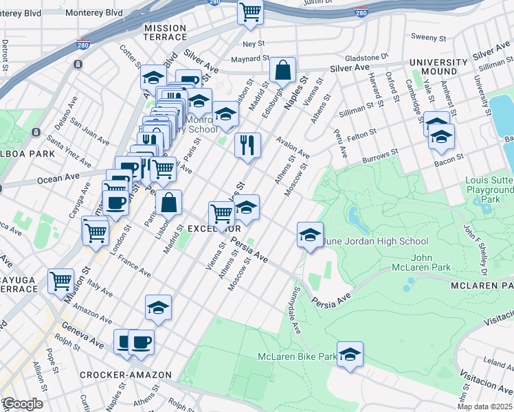map of restaurants, bars, coffee shops, grocery stores, and more near 731 Brazil Avenue in San Francisco