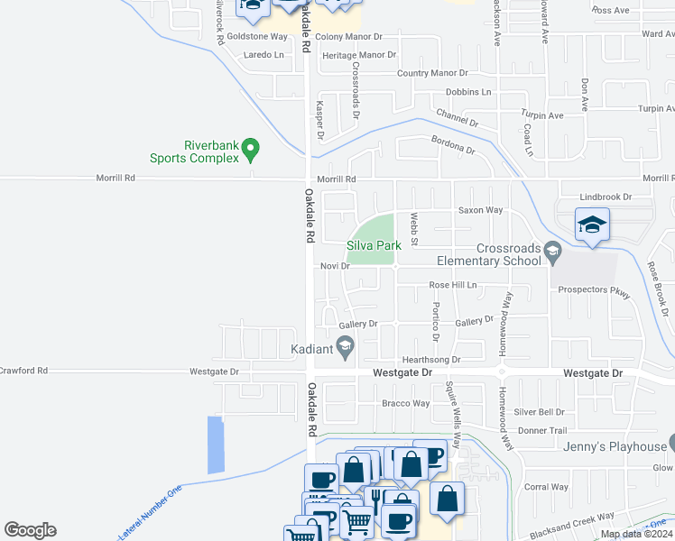 map of restaurants, bars, coffee shops, grocery stores, and more near 5721 Antique Rose Way in Riverbank