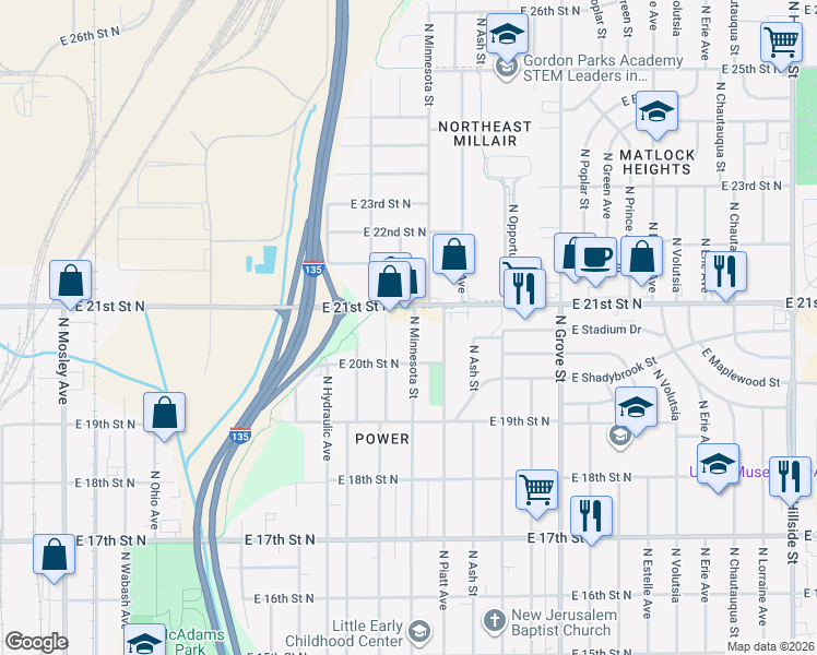 map of restaurants, bars, coffee shops, grocery stores, and more near 2129 North Minnesota Street in Wichita
