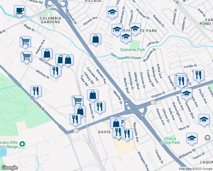 map of restaurants, bars, coffee shops, grocery stores, and more near 741 Tudor Road in San Leandro