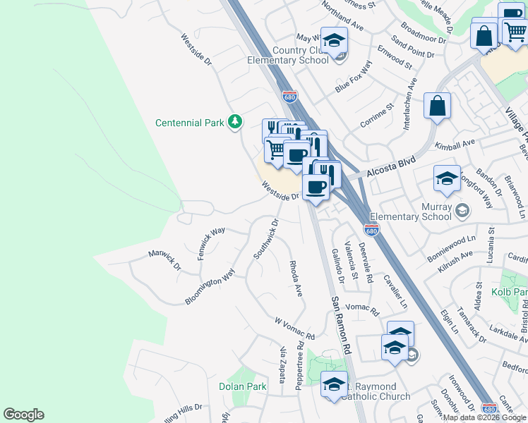 map of restaurants, bars, coffee shops, grocery stores, and more near 11868 Bloomington Way in Dublin