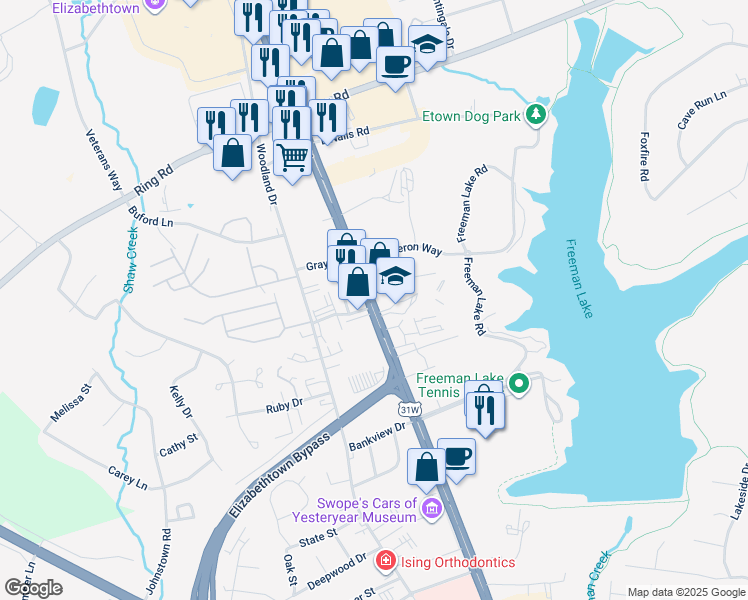 map of restaurants, bars, coffee shops, grocery stores, and more near 1317 U.S. 31W in Elizabethtown