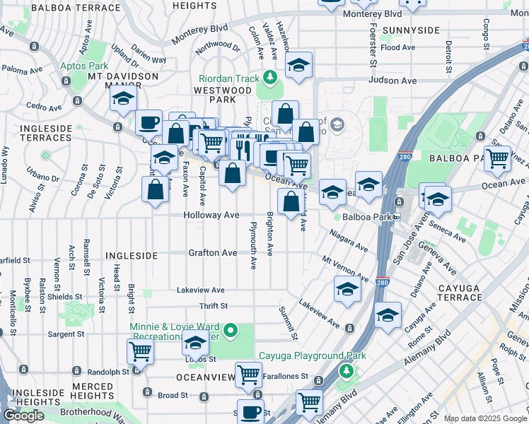 map of restaurants, bars, coffee shops, grocery stores, and more near 212 Holloway Avenue in San Francisco