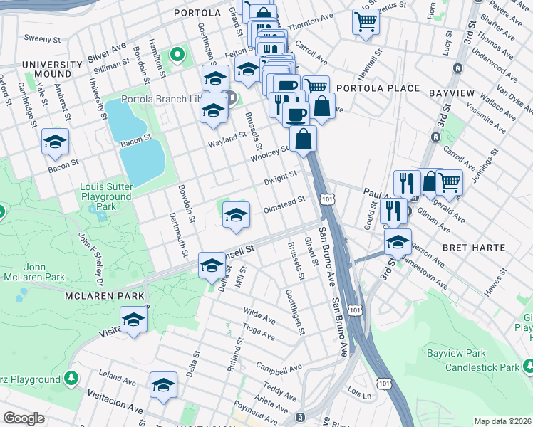 map of restaurants, bars, coffee shops, grocery stores, and more near 801 Goettingen St in San Francisco