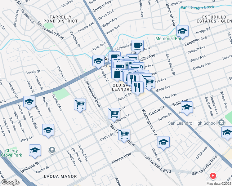 map of restaurants, bars, coffee shops, grocery stores, and more near 393 West Juana Avenue in San Leandro