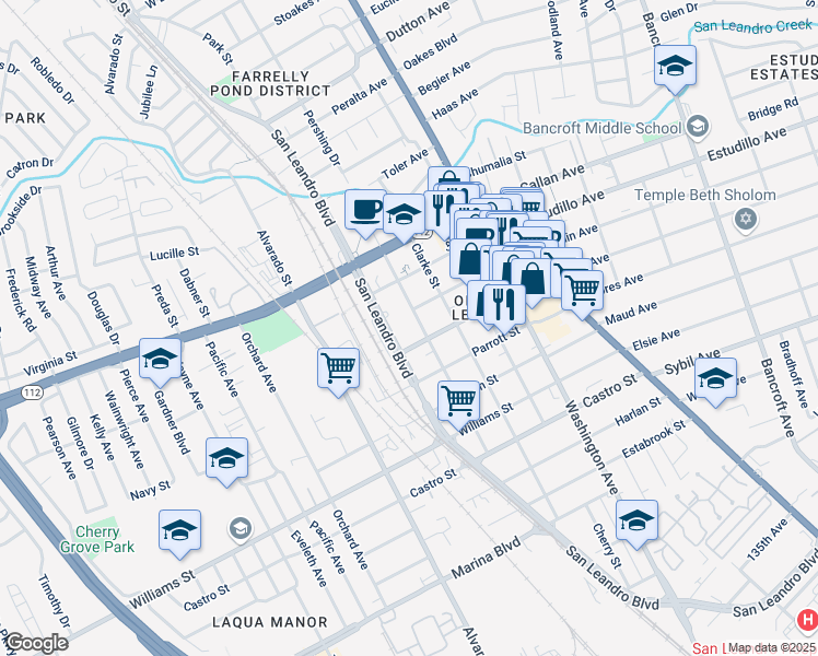 map of restaurants, bars, coffee shops, grocery stores, and more near 1412 Carpentier Street in San Leandro