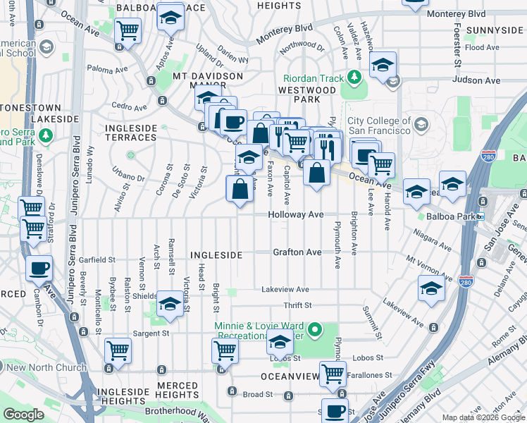 map of restaurants, bars, coffee shops, grocery stores, and more near 400 Faxon Avenue in San Francisco