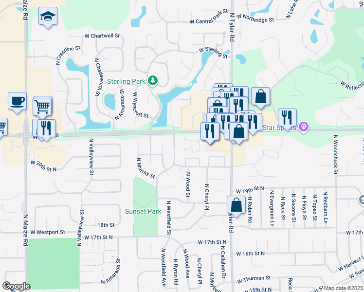 map of restaurants, bars, coffee shops, grocery stores, and more near 2132 North Byron Road in Wichita