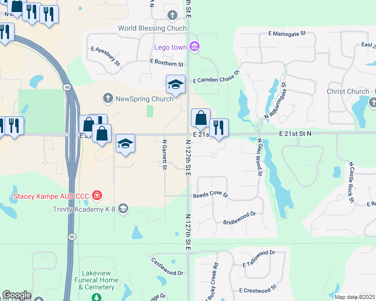 map of restaurants, bars, coffee shops, grocery stores, and more near 2144 North 127th Street East in Wichita