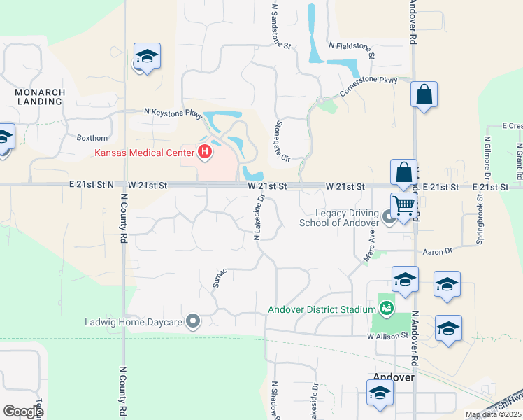 map of restaurants, bars, coffee shops, grocery stores, and more near 2018 North Lakeside Drive in Andover