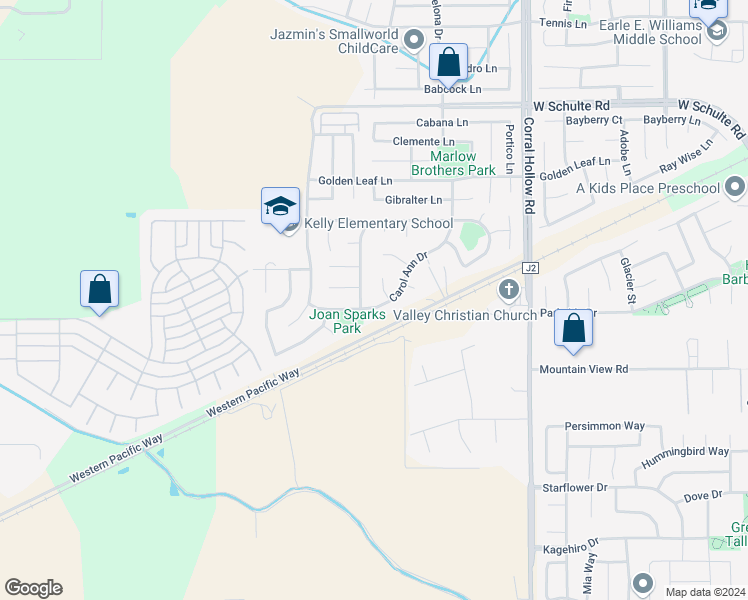 map of restaurants, bars, coffee shops, grocery stores, and more near 2379 Carol Ann Drive in Tracy
