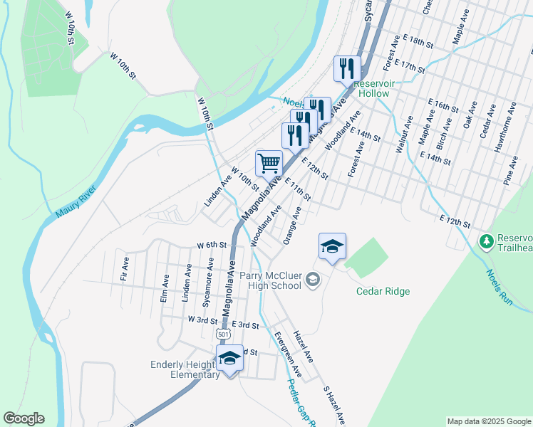 map of restaurants, bars, coffee shops, grocery stores, and more near 945 Woodland Avenue in Buena Vista