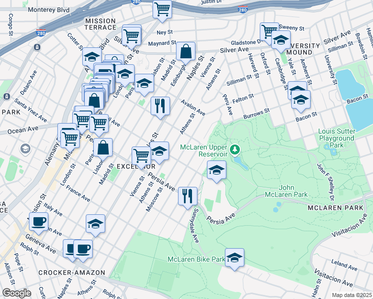 map of restaurants, bars, coffee shops, grocery stores, and more near 347 Moscow Street in San Francisco