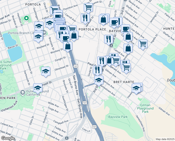 map of restaurants, bars, coffee shops, grocery stores, and more near 55 Exeter Street in San Francisco