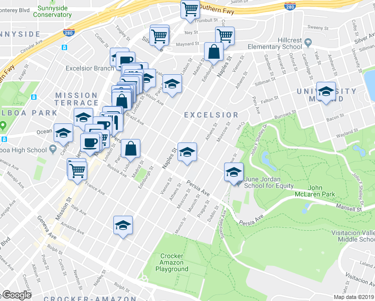 map of restaurants, bars, coffee shops, grocery stores, and more near Vienna St & Brazil Ave in San Francisco