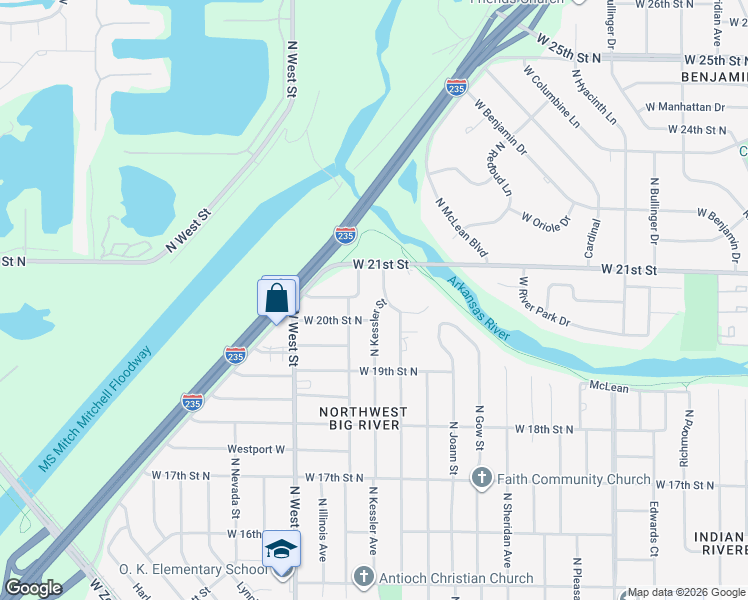 map of restaurants, bars, coffee shops, grocery stores, and more near 2113 North Kessler Street in Wichita