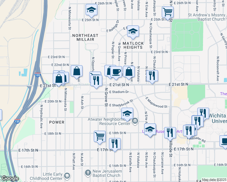 map of restaurants, bars, coffee shops, grocery stores, and more near 2420 East Stadium Drive in Wichita