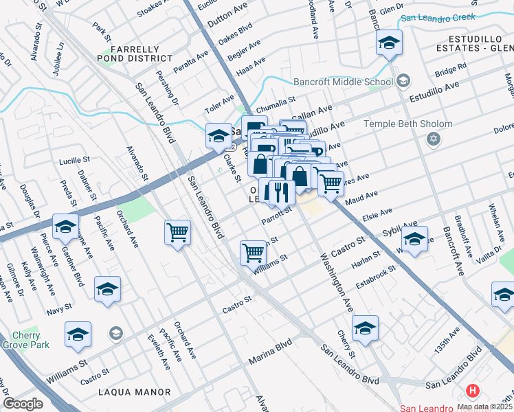 map of restaurants, bars, coffee shops, grocery stores, and more near 393 West Juana Avenue in San Leandro