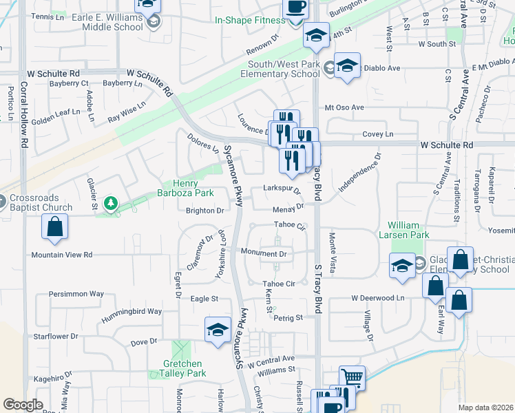 map of restaurants, bars, coffee shops, grocery stores, and more near 1140 Candlewood Dr in Tracy