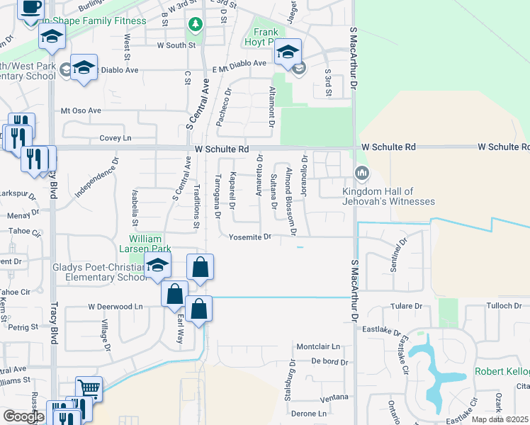map of restaurants, bars, coffee shops, grocery stores, and more near 1130 Amaretto Drive in Tracy