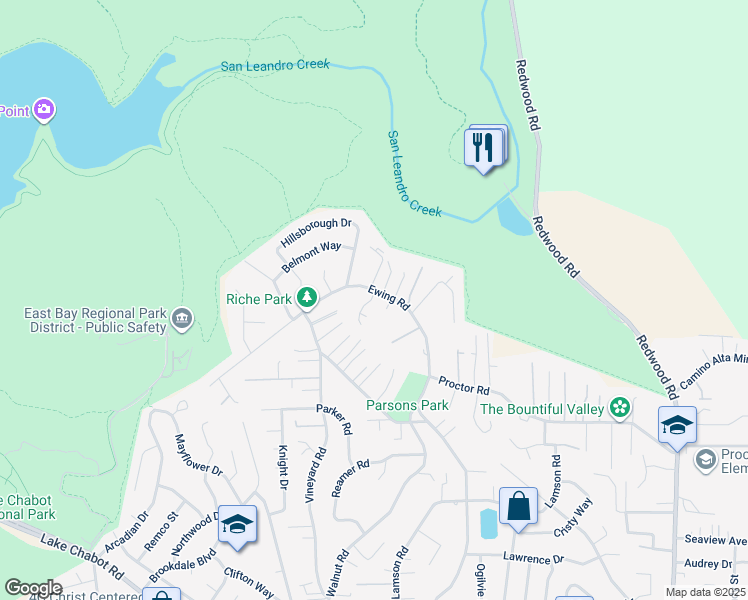 map of restaurants, bars, coffee shops, grocery stores, and more near 4593 Ewing Road in Castro Valley