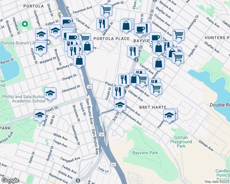 map of restaurants, bars, coffee shops, grocery stores, and more near 34 Carr St in San Francisco