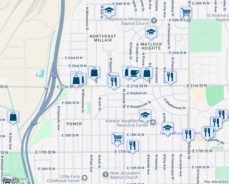 map of restaurants, bars, coffee shops, grocery stores, and more near 2251 East 21st Street North in Wichita