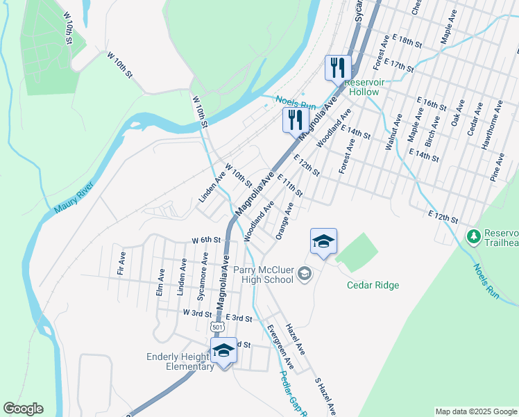 map of restaurants, bars, coffee shops, grocery stores, and more near 945 Woodland Avenue in Buena Vista