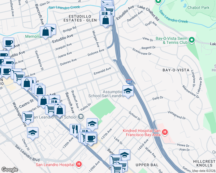 map of restaurants, bars, coffee shops, grocery stores, and more near 864 Kenyon Avenue in San Leandro