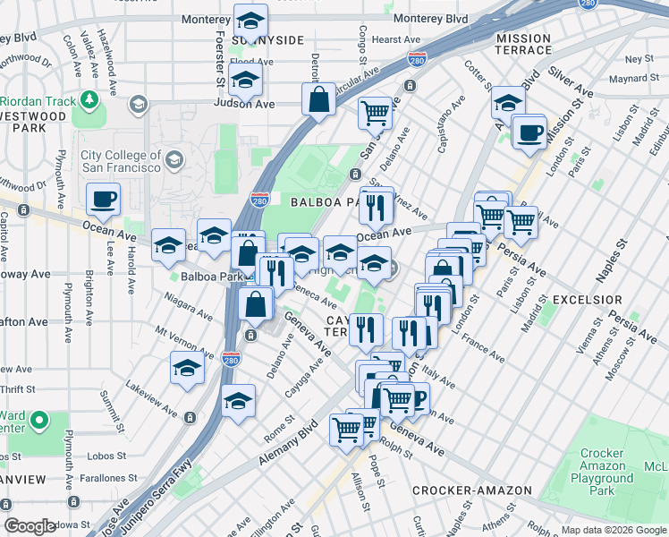 map of restaurants, bars, coffee shops, grocery stores, and more near 276 Oneida Avenue in San Francisco