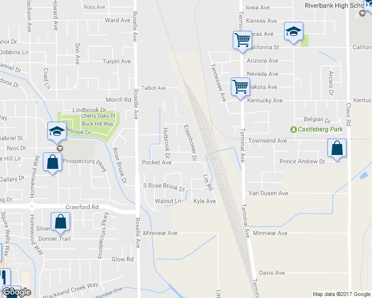 map of restaurants, bars, coffee shops, grocery stores, and more near 3253 Lemmons Street in Riverbank