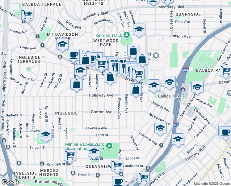 map of restaurants, bars, coffee shops, grocery stores, and more near 324 Holloway Avenue in San Francisco