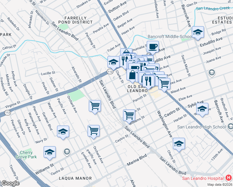 map of restaurants, bars, coffee shops, grocery stores, and more near 528 West Juana Avenue in San Leandro