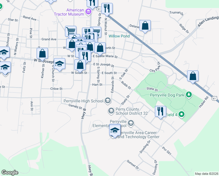 map of restaurants, bars, coffee shops, grocery stores, and more near 304 Bredall Street in Perryville