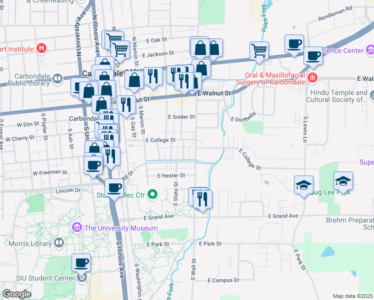 map of restaurants, bars, coffee shops, grocery stores, and more near 505 South Graham Avenue in Carbondale