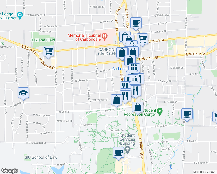 map of restaurants, bars, coffee shops, grocery stores, and more near 513 South Beveridge Street in Carbondale