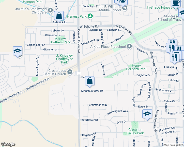 map of restaurants, bars, coffee shops, grocery stores, and more near 911 Lassen Court in Tracy