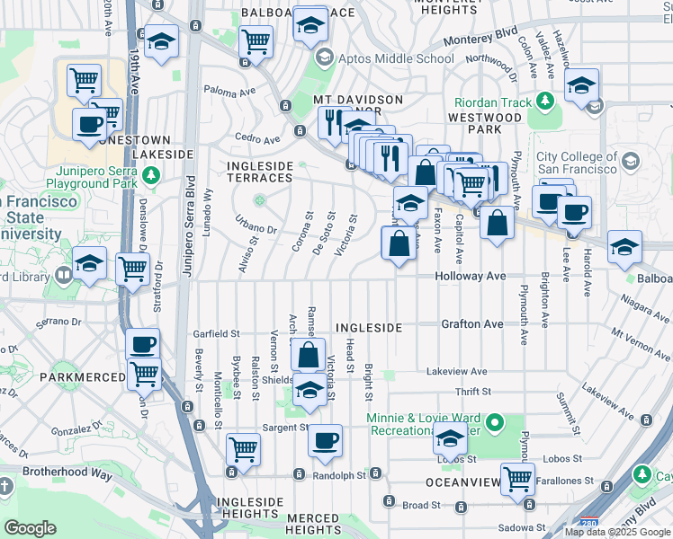 map of restaurants, bars, coffee shops, grocery stores, and more near 811 Head Street in San Francisco